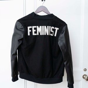 Hilary MacMillan "Feminist" Bomber Jacket with Faux Leather Sleeves - Size Small